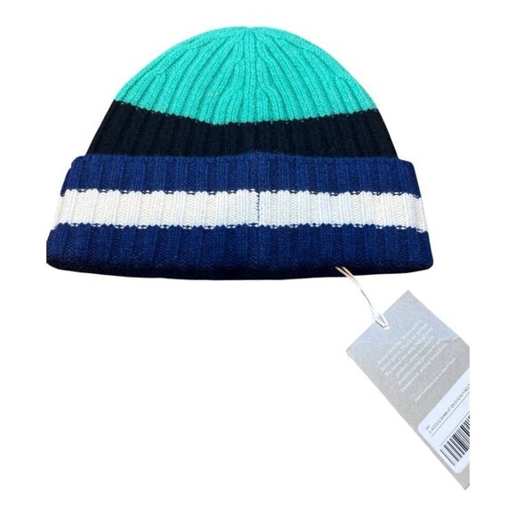 EVERLANE Unisex Striped Cashmere Ribbed Knit Beanie O/S Navy Green White NWT main image 4